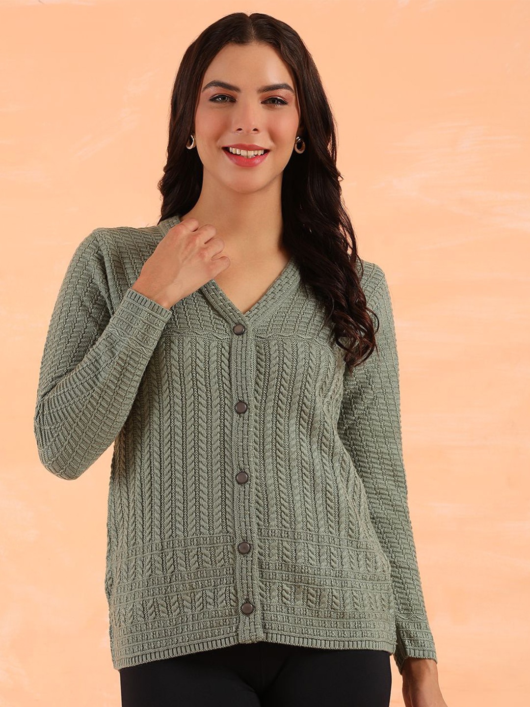 

Cayman Women Self Design Cable Knit Woollen Cardigan Sweater, Sea green