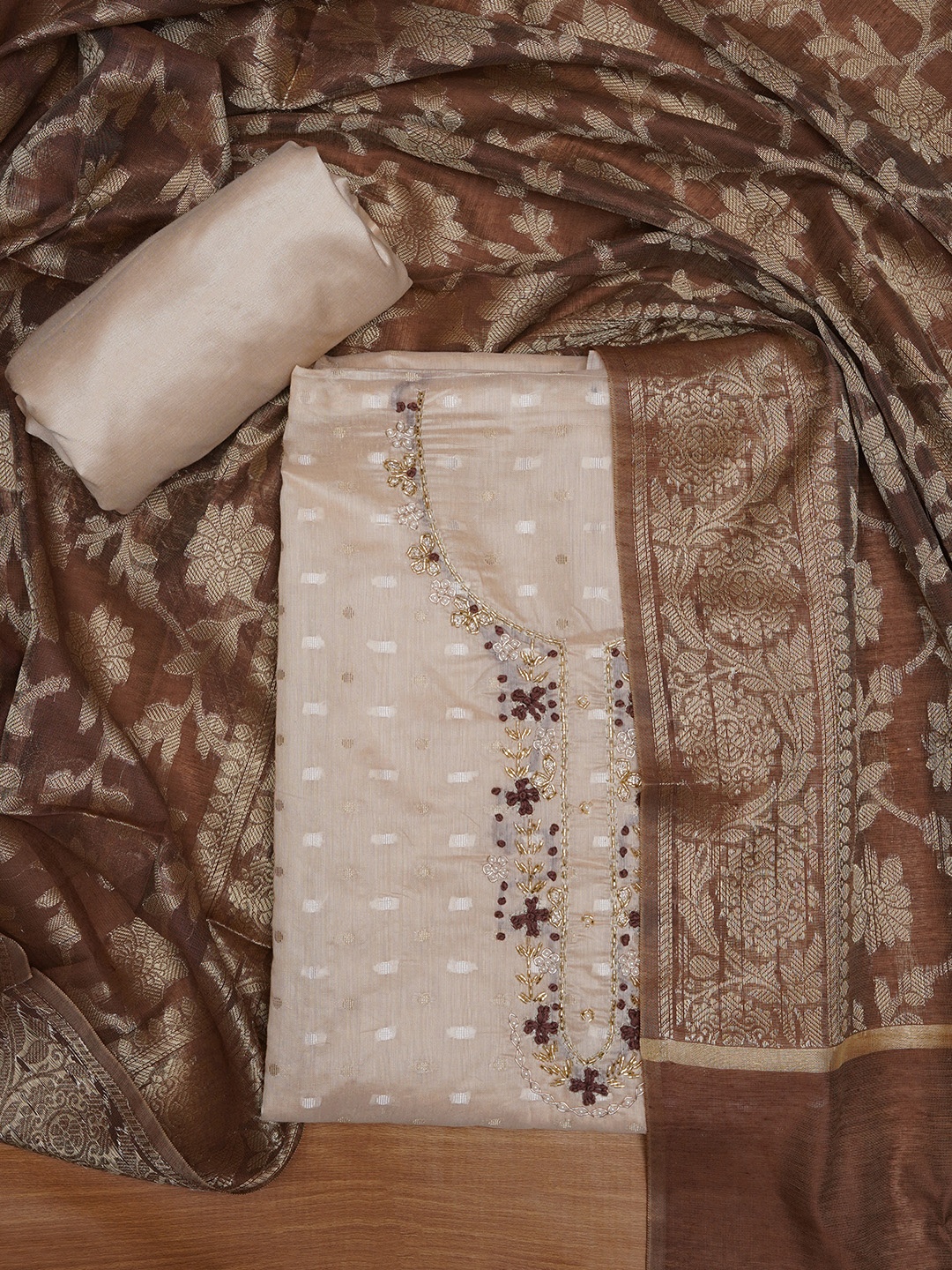 

Jaipur Kurti Women Unstitched Ethnic Motifs Embellished Dress Material With Dupatta, Beige