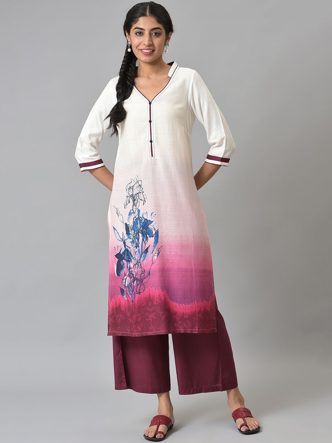 

AURELIA Floral Printed Mandarin Collar Straight Kurta with Palazzo, White