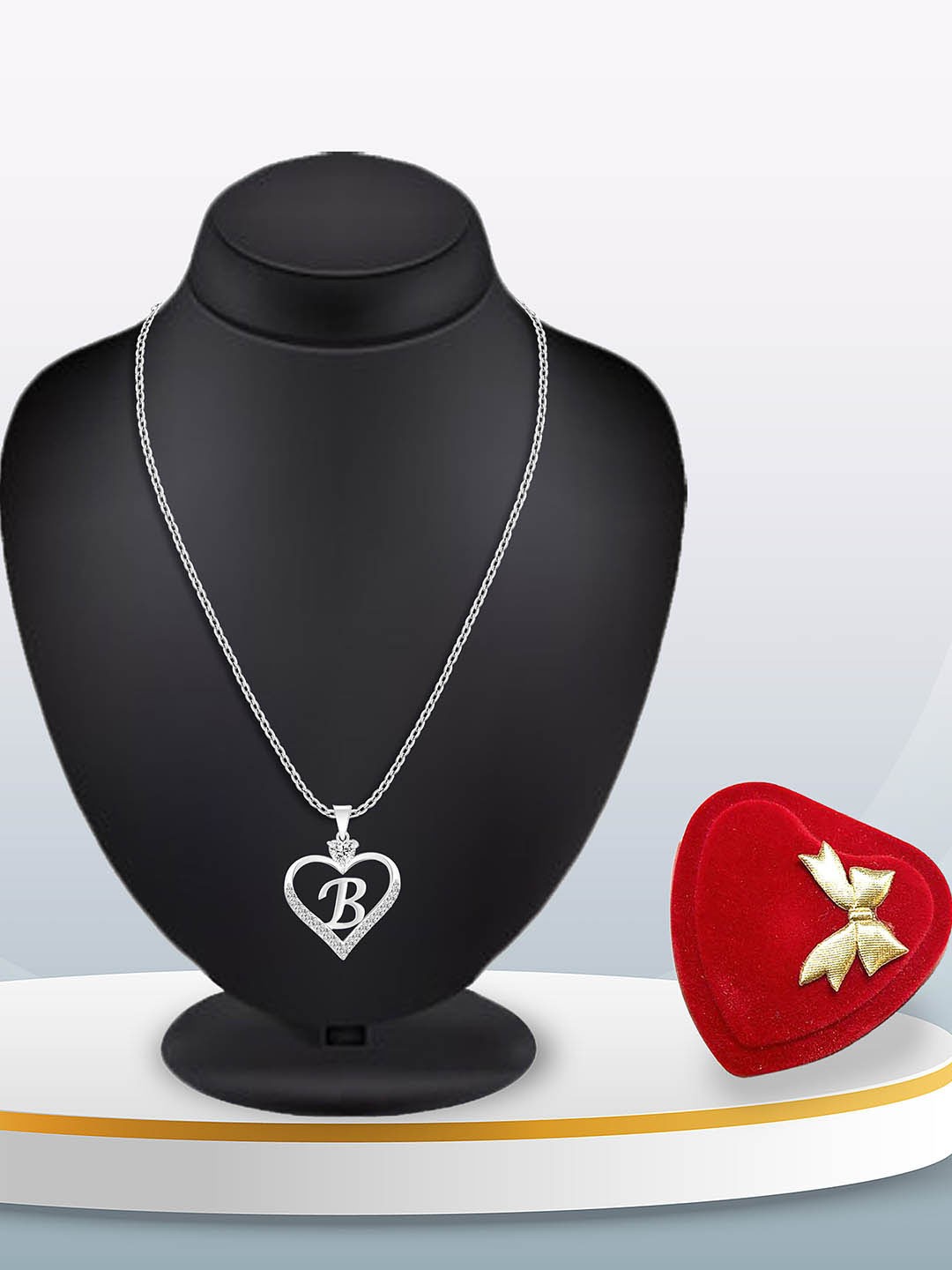

Heer Collection Silver-Plated CZ Studded Alphabet B Heart Shaped Pendant With Chain