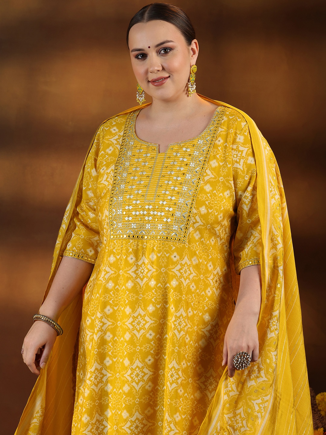 

EXTRA LOVE BY LIBAS Plus Size Ethnic Motifs Printed Mirror Work Kurta & Trouser & Dupatta, Mustard