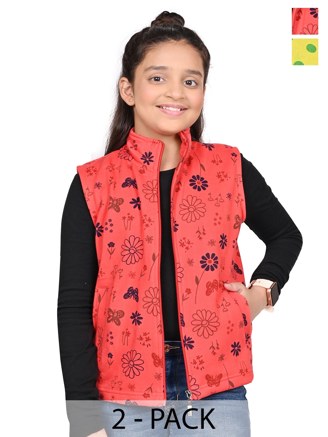 

BAESD Girls Pack Of 2 Mock Collar Floral Printed Fleece Casual Open Front Jackets, Red