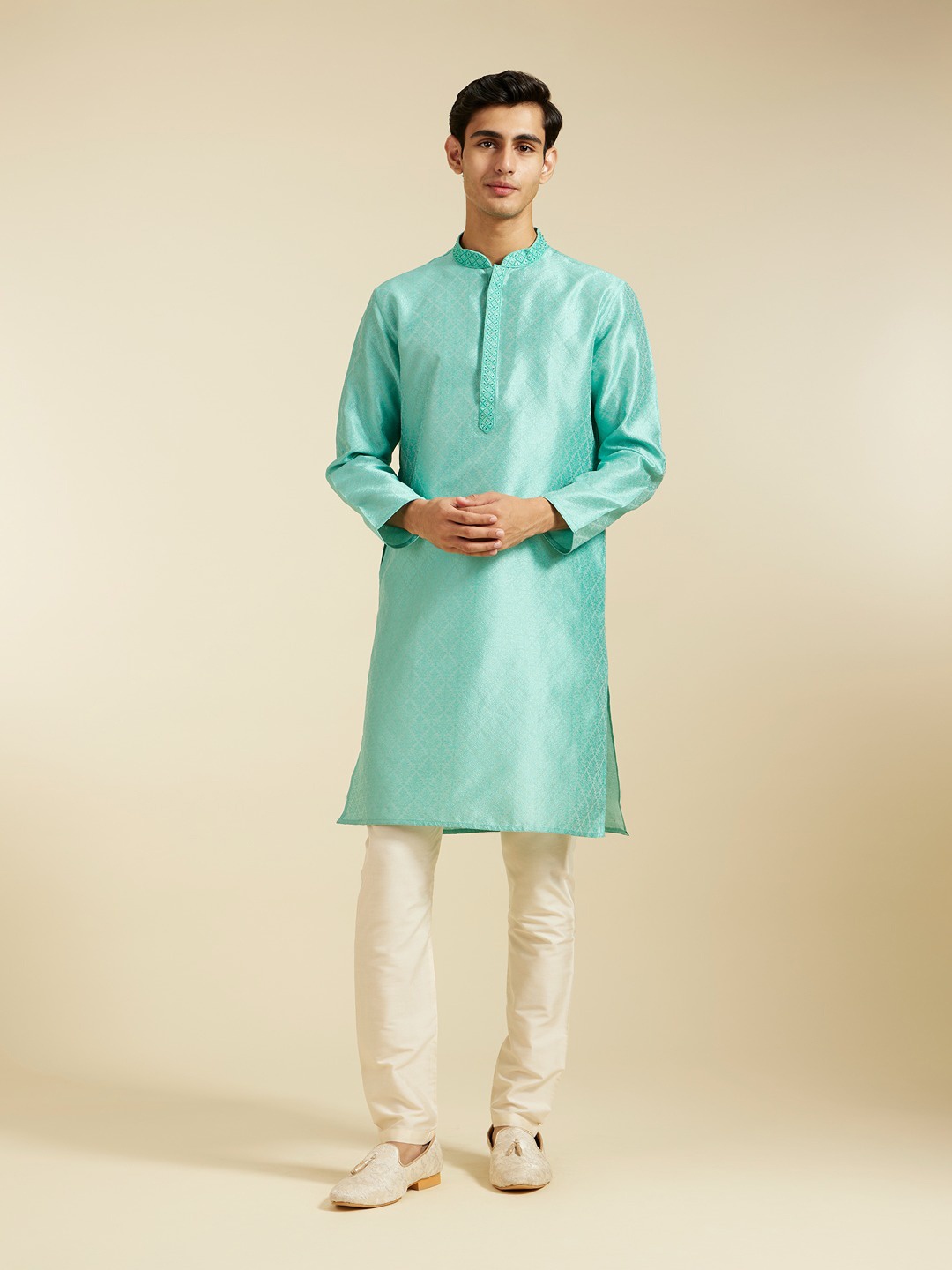 

Diwas by Manyavar Men Floral Woven Design Thread Work Straight Kurta, Green