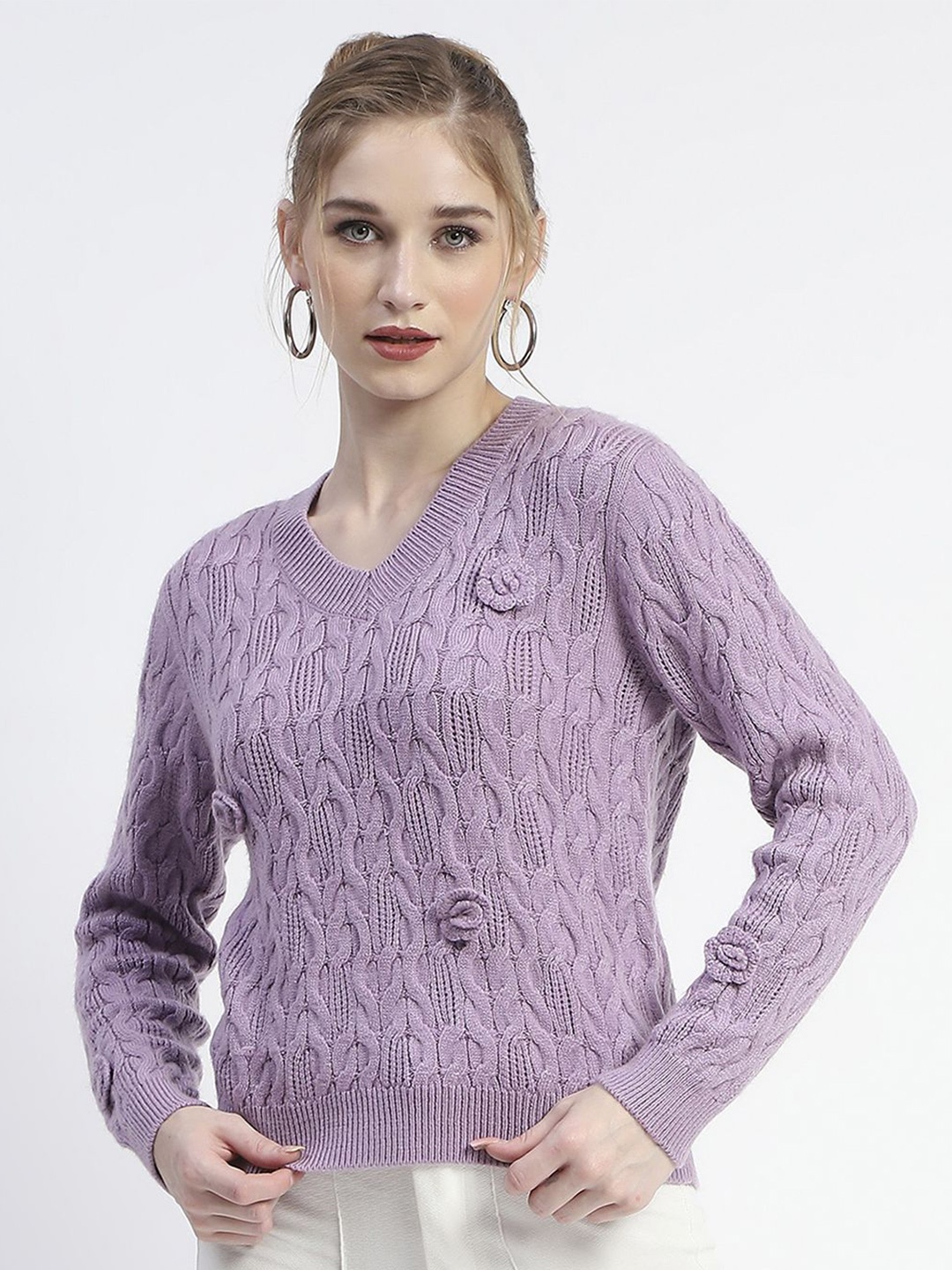 

Madame Women Self Design Cable Knit Pullover Sweater, Lavender