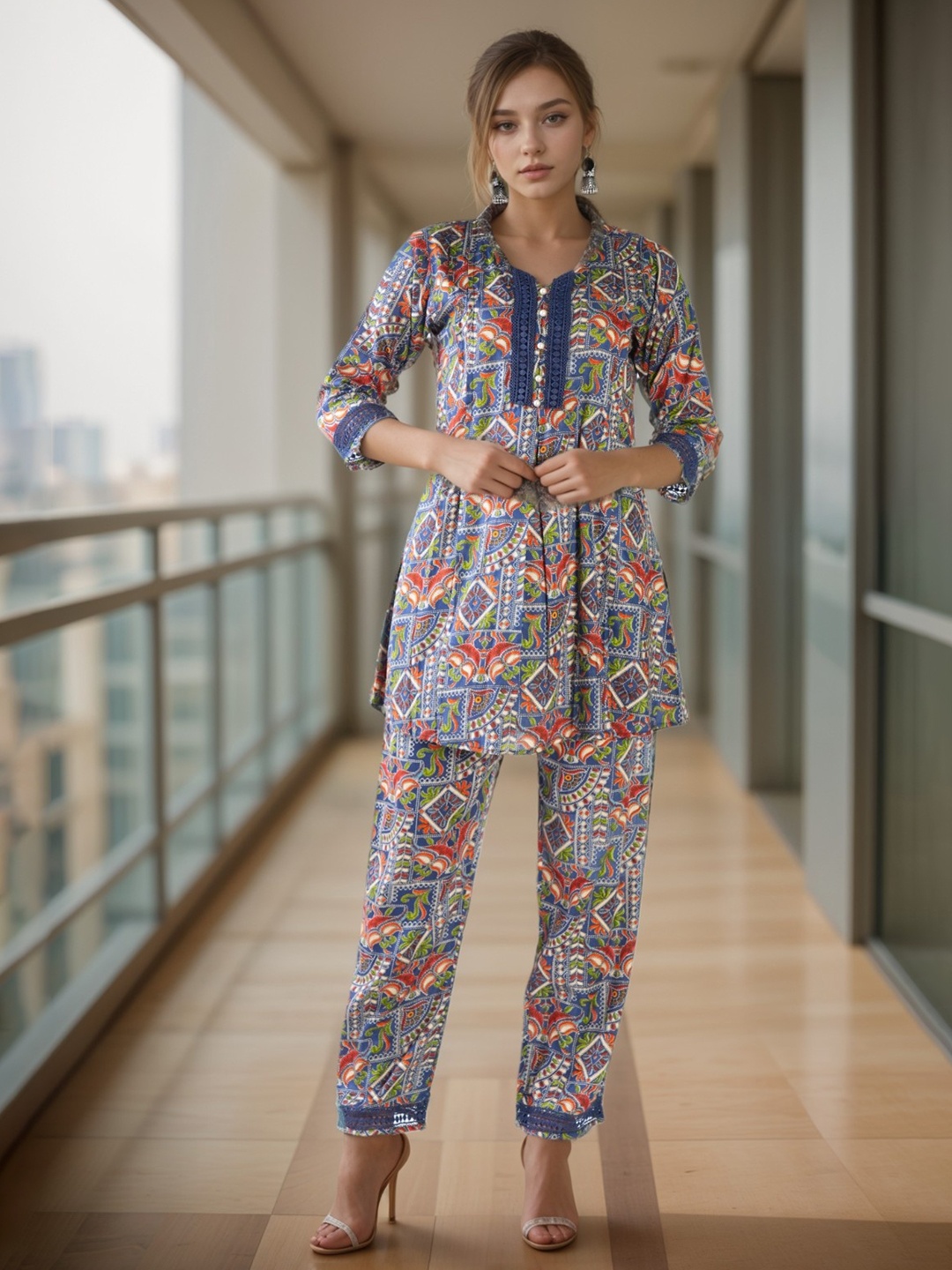 

BAESD Women Printed Round Neck Tunic With Trouser Co-Ords, Navy blue