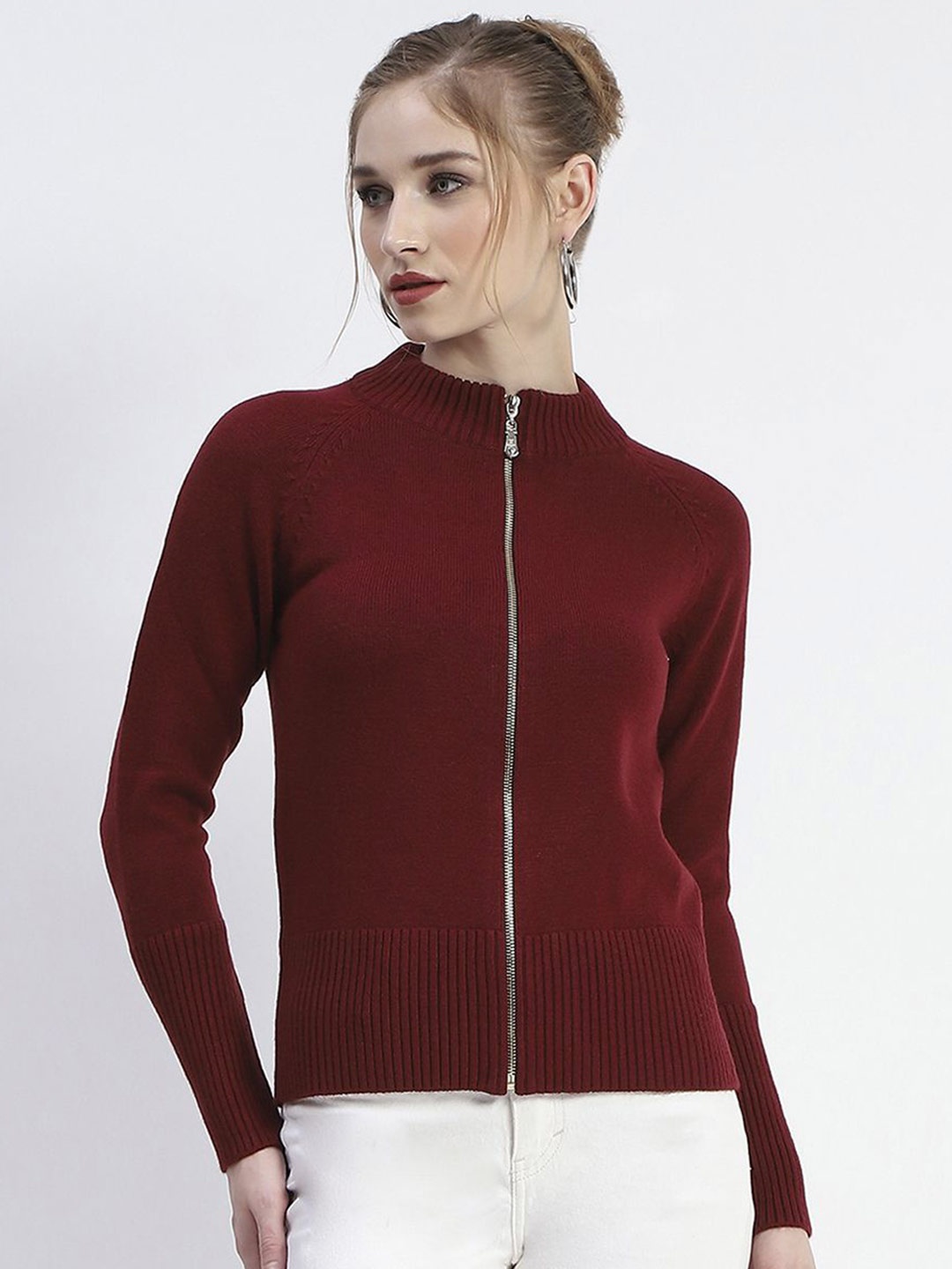 

Madame Women Solid Ribbed Cardigan Sweater, Maroon