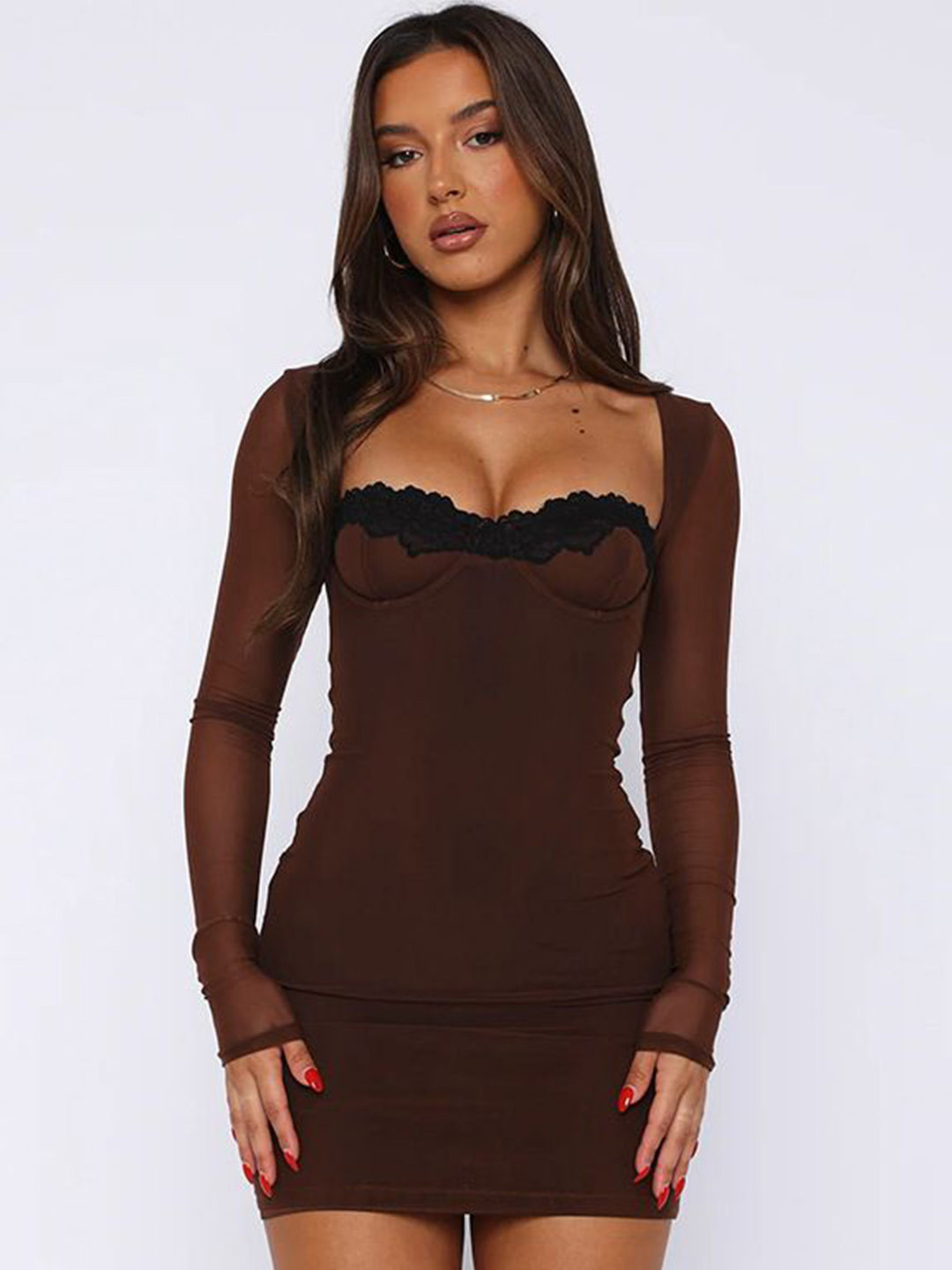 

MIAKEE Square Neck Bodycon Mini Dress, Brown