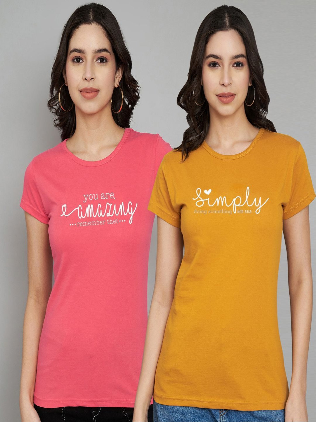 

Trend Level Women Pack Of 2 Typography Printed Round Neck Cotton T-shirts, Coral