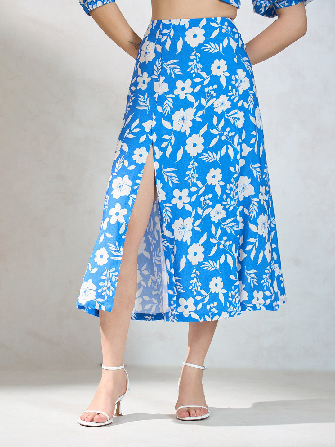 

Virgio Women Modal Midi Length Floral Skirt, Blue