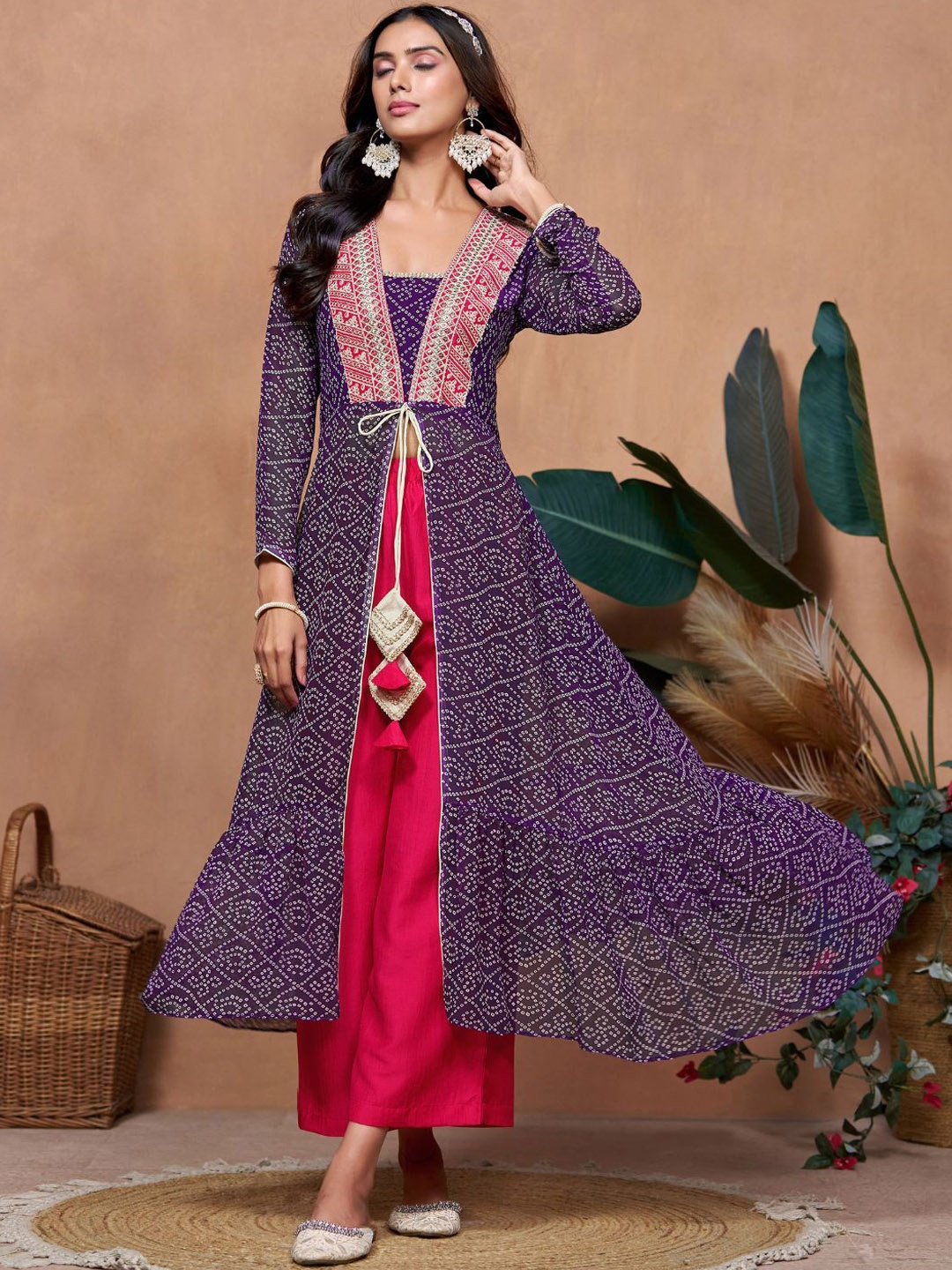 

Sangria Women Bandhani Printed Embroidered Kurta & Palazzos With Long Shrug, Purple
