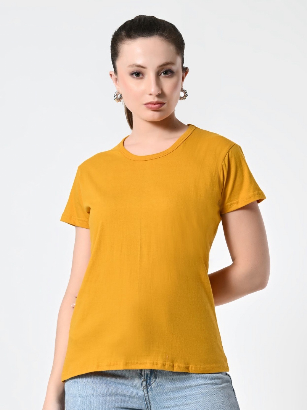 

BAESD Women Solid Round Neck Cotton T-shirt, Yellow