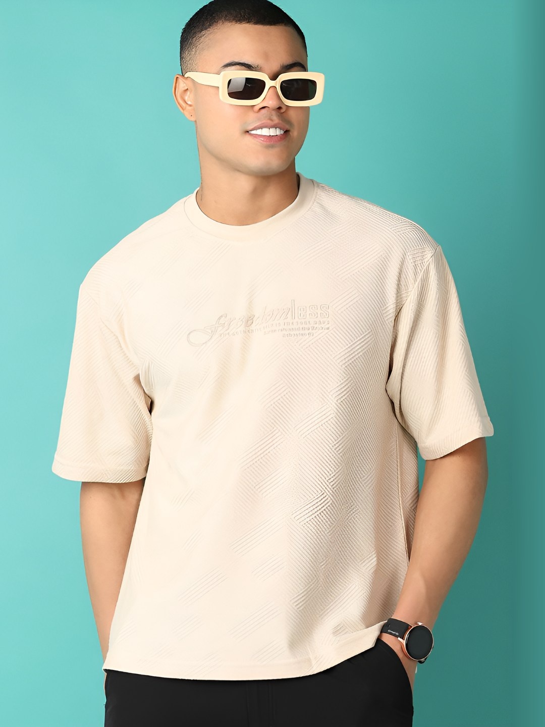

V-Mart Men Self Design Round Neck Cotton Relaxed Fit T-shirt, Beige