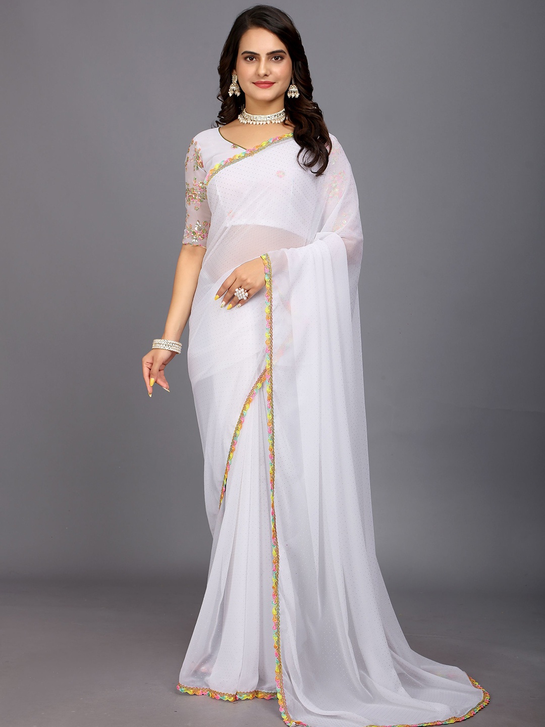 

Rhey Embellished Beads and Stones Saree, White