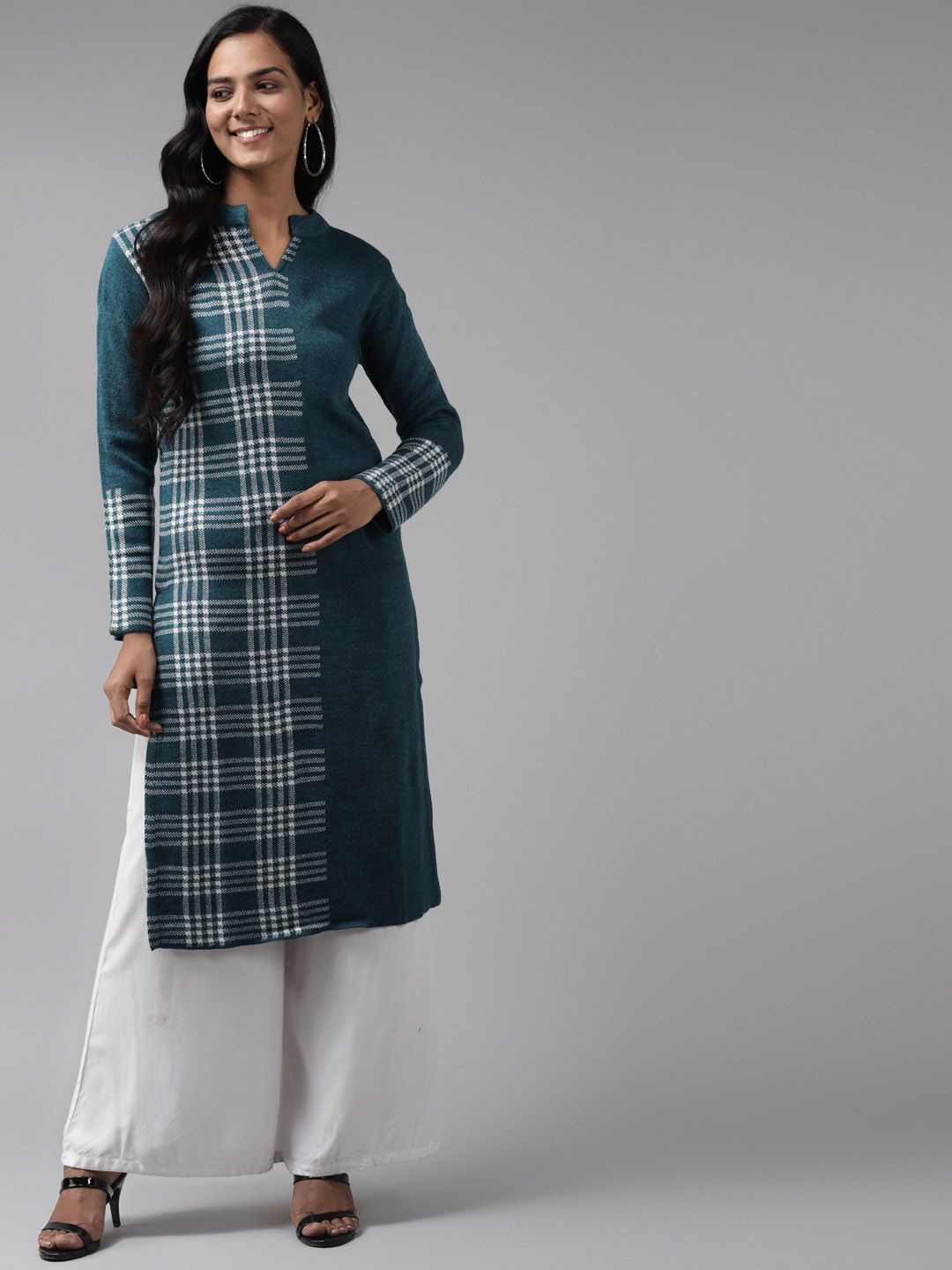 

Cayman Checked Woven Design Mandarin Collar Kurta, Teal