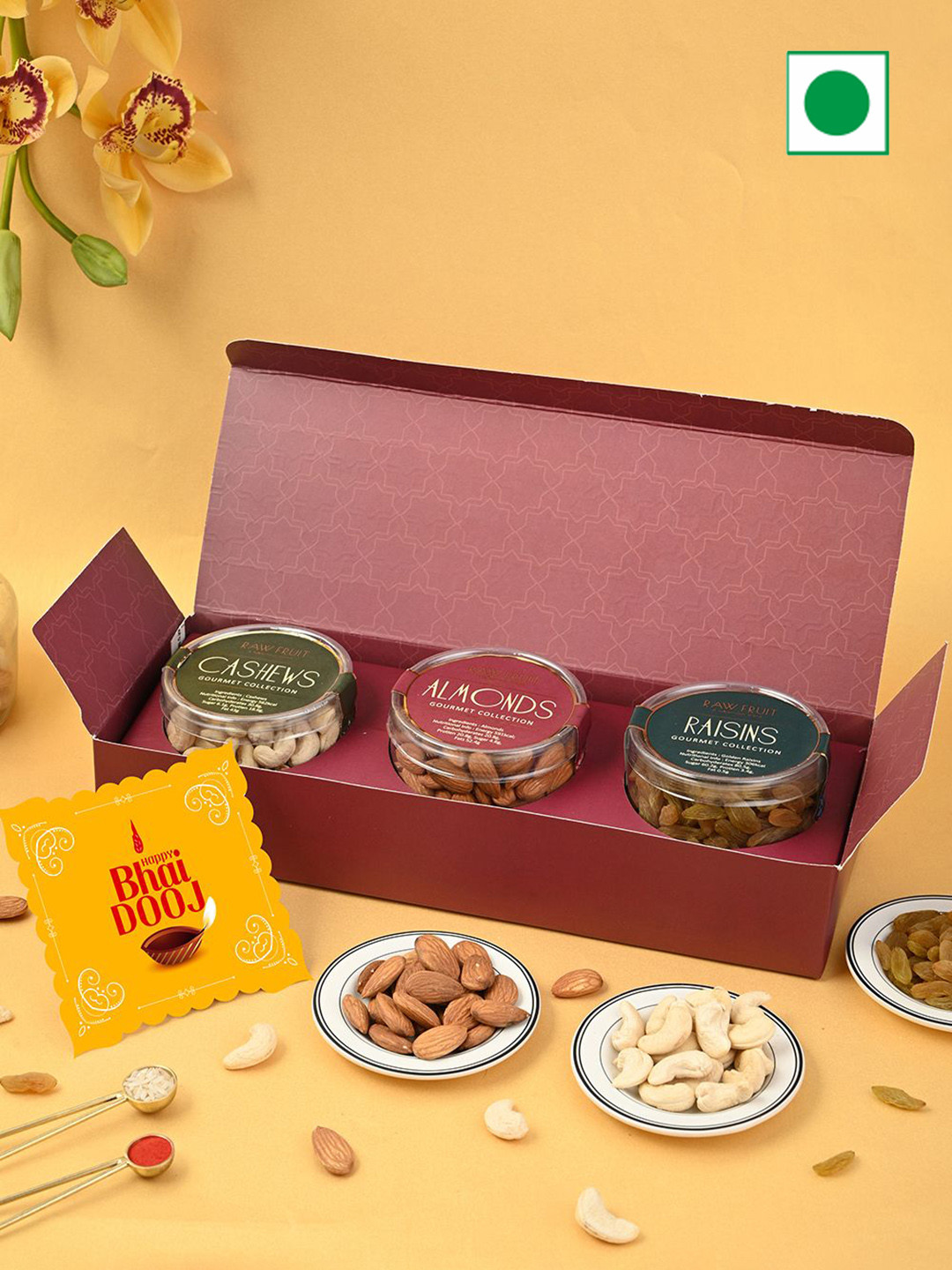 

RawFruit Bhai Dooj Festive Dry Fruit Hamper With Roli & Chawal, Maroon