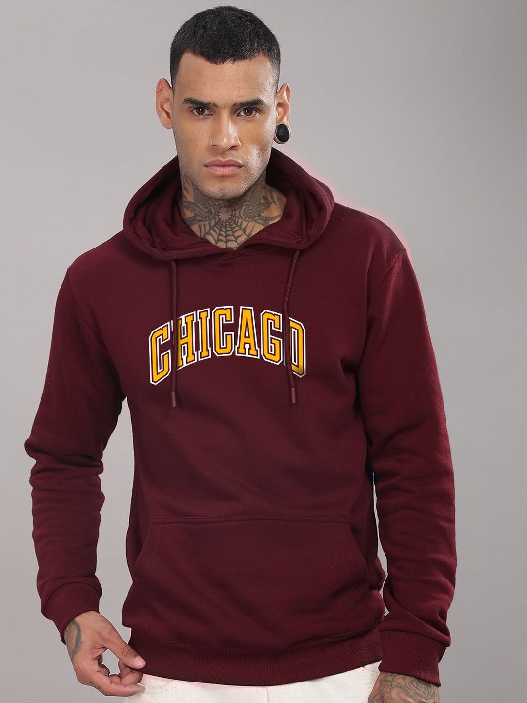 

ADRO Men Typography Printed Hood Cotton Pullover Sweatshirt, Maroon