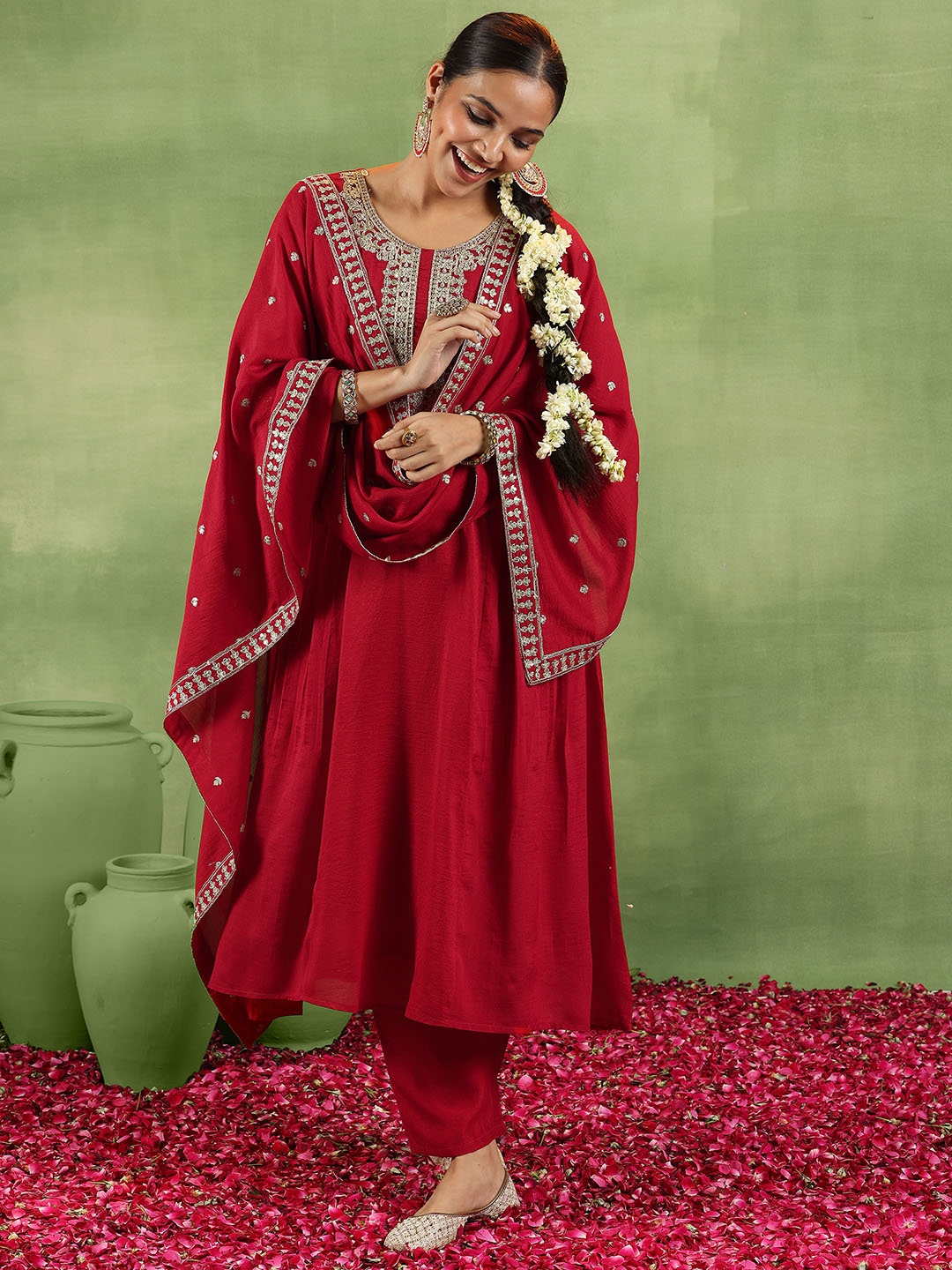 

Libas Floral Embroidered Zari Anarkali Kurta With Trousers & Dupatta, Red