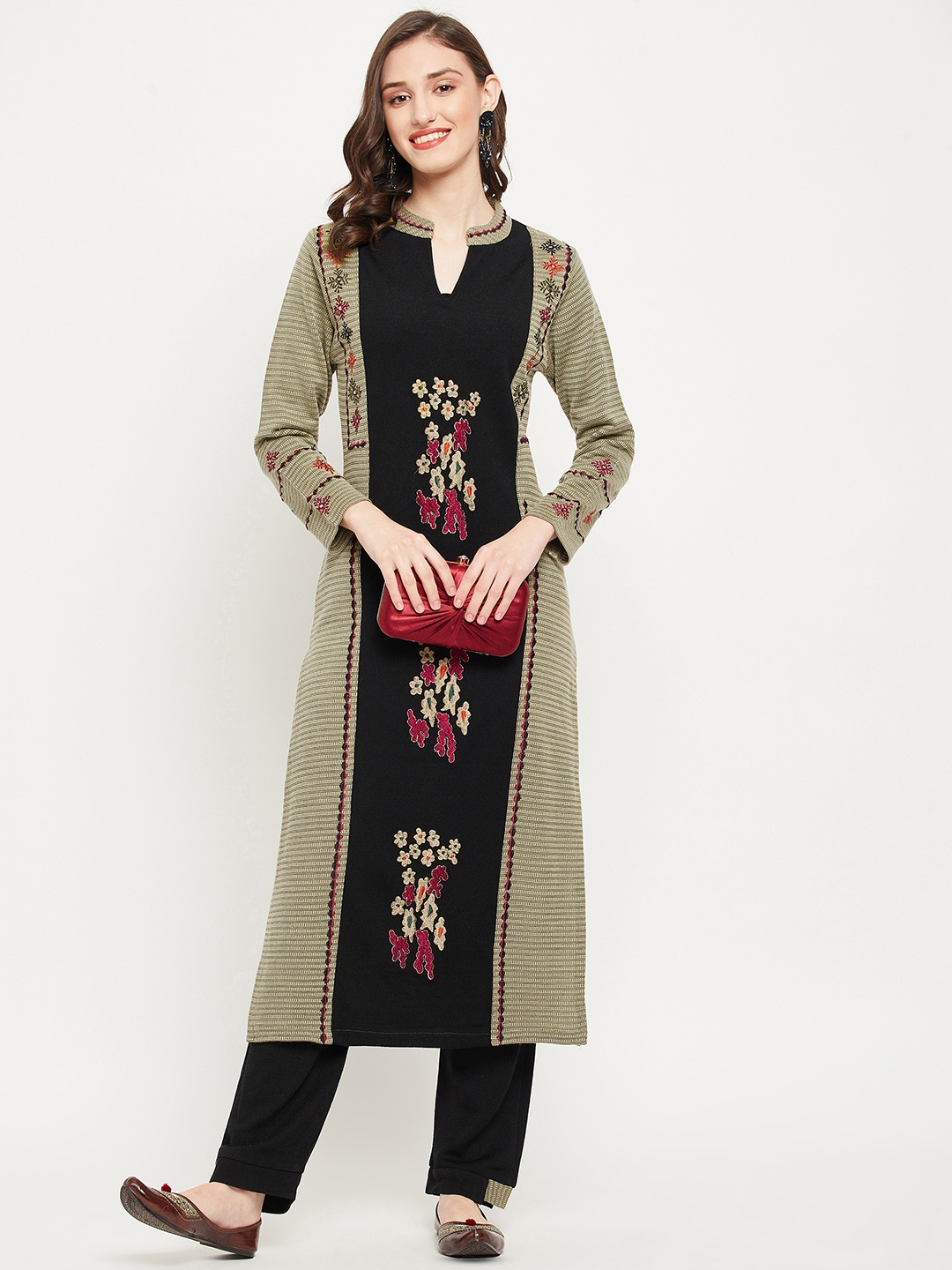 

Zigo Ethnic Motifs Embroidered Regular Pure Wool Straight Kurta with Palazzos, Green