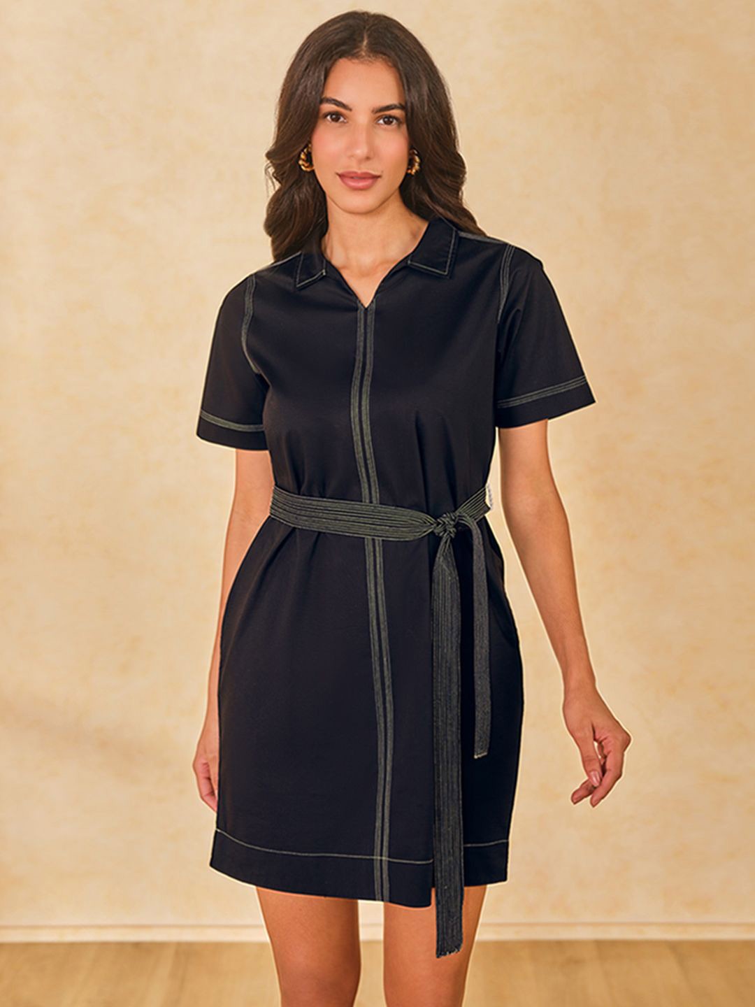 

AND Women Cotton Shirt Collar Shirt Dress With A Belt, Black