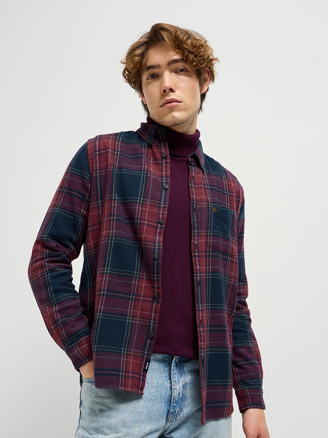 

THE BEAR HOUSE Men Button-Down Collar Tartan Checked Cotton Casual Shirt, Navy blue