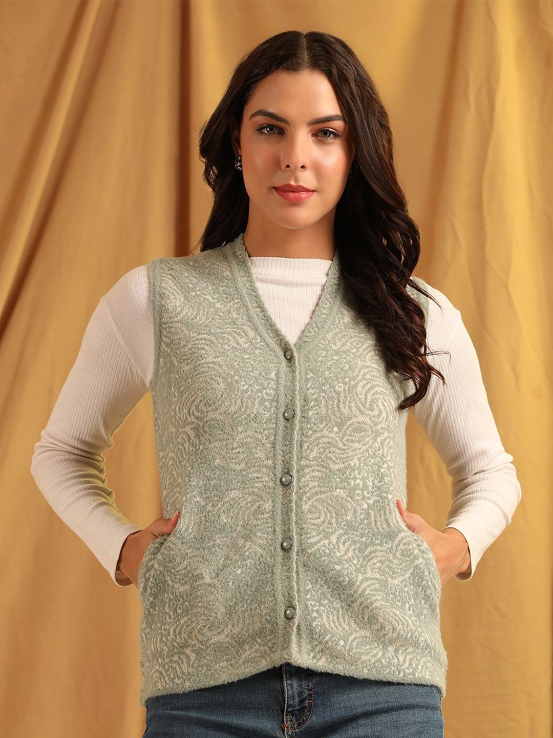 

Cayman Women Self Design V-Neck Ethnic Motifs Woollen Cardigan Sweater, Sea green
