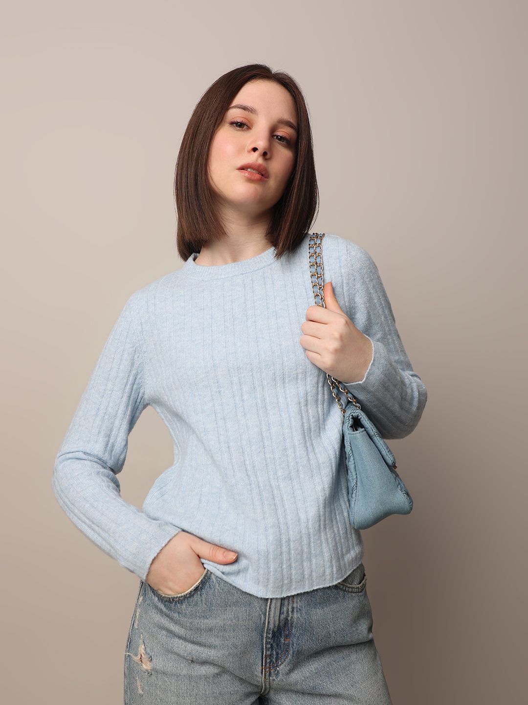 

ONLY Women Striped Round Neck Pullover Sweater, Blue