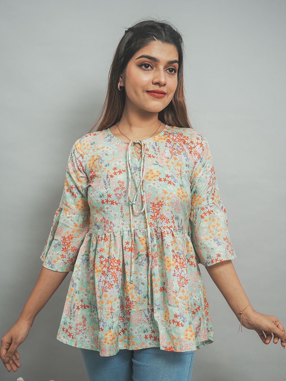 

GO BOUJEE Women Floral Printed Round Neck Cotton Top, Multi