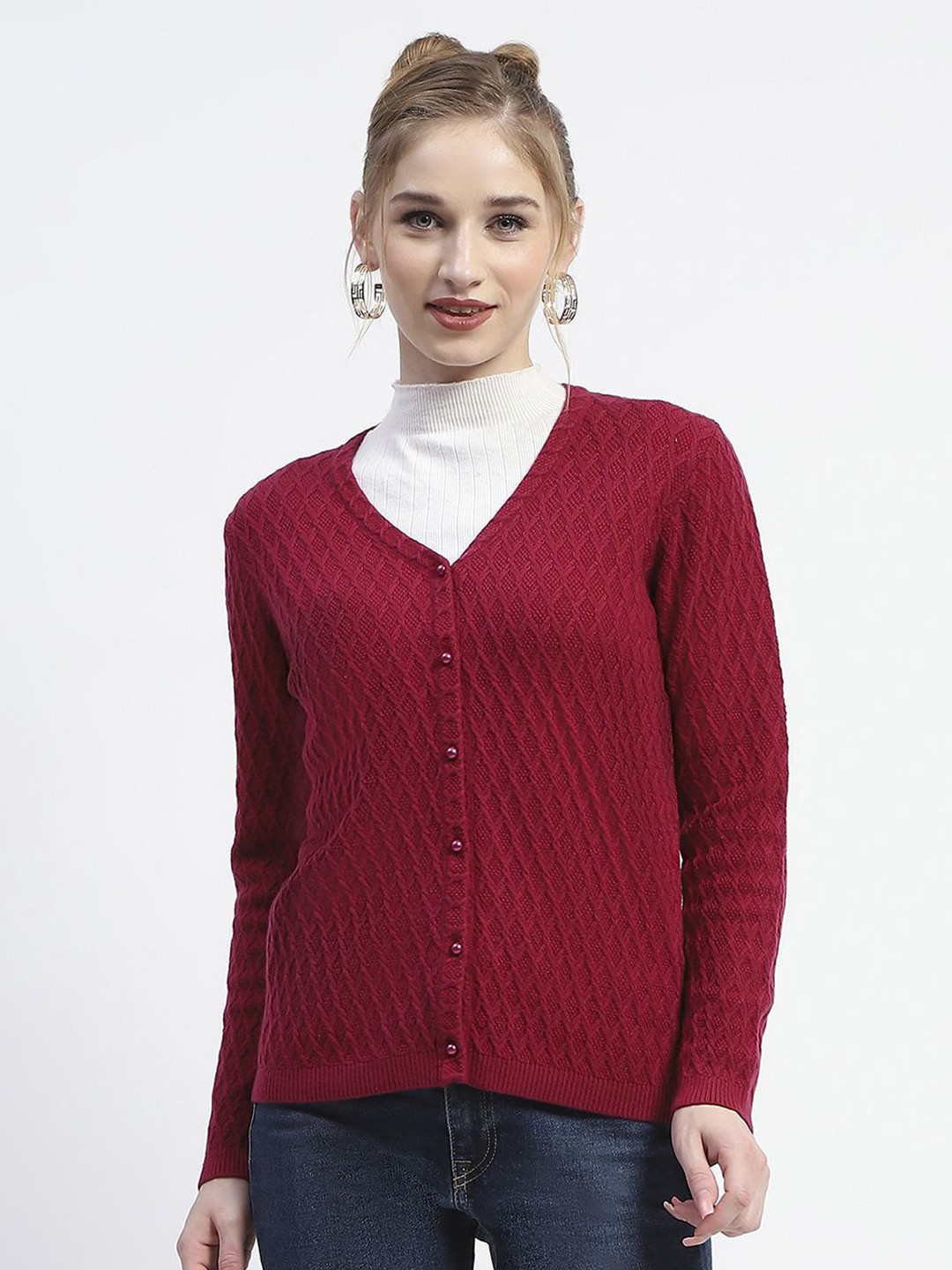 

Madame Women Cable Knit Cardigan Sweater, Maroon