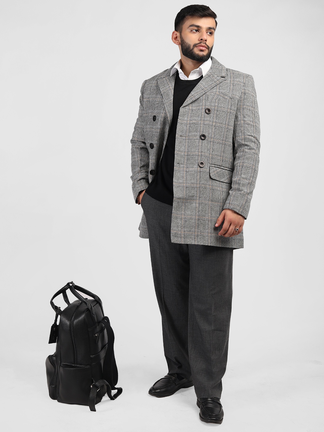 

HONNETE Men Checked Notched Lapel Collar Double-Breasted Trenchcoat, Grey