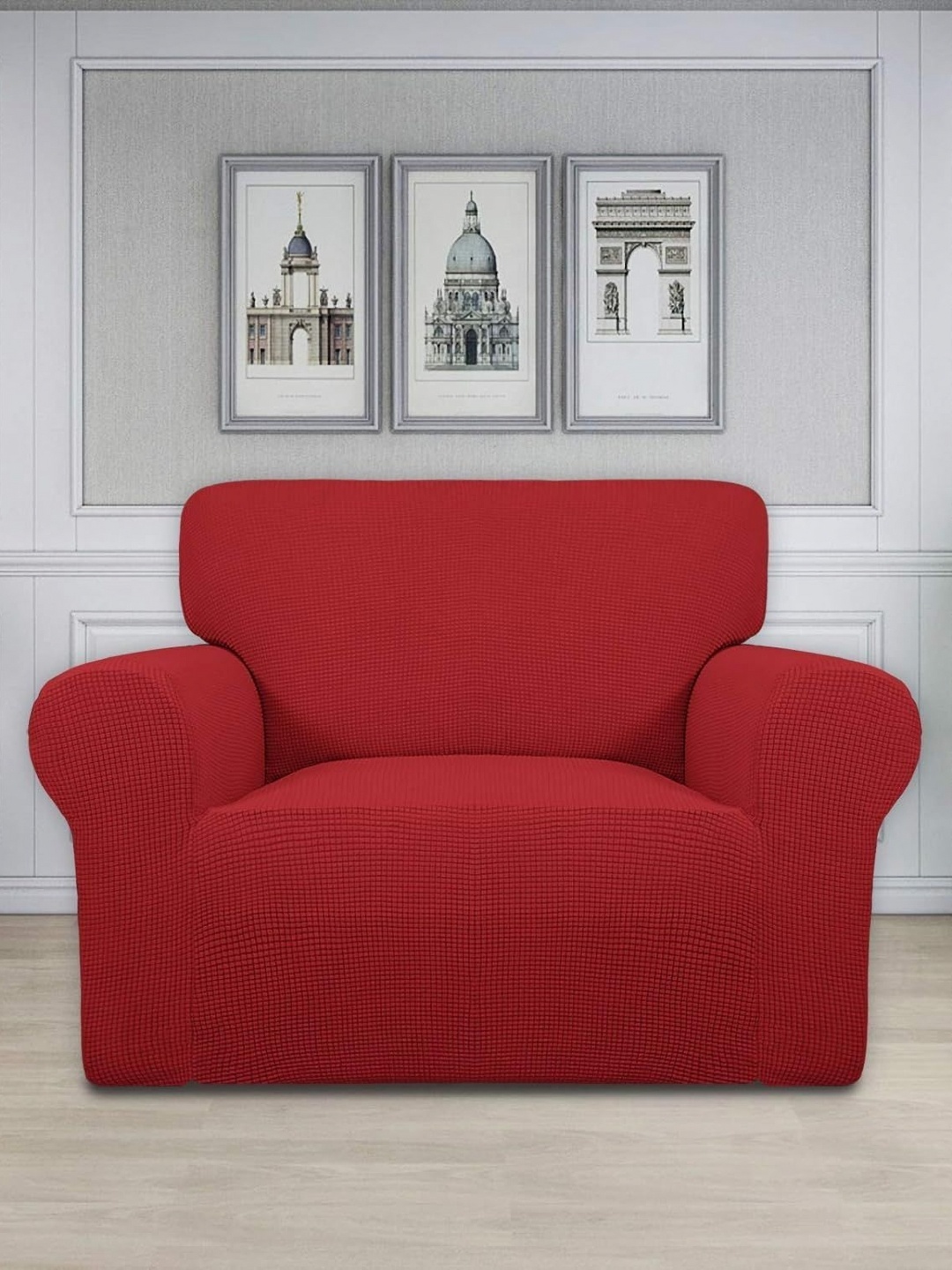 

Lukzer Red Printed Jacquard Sofa Cover With Arms