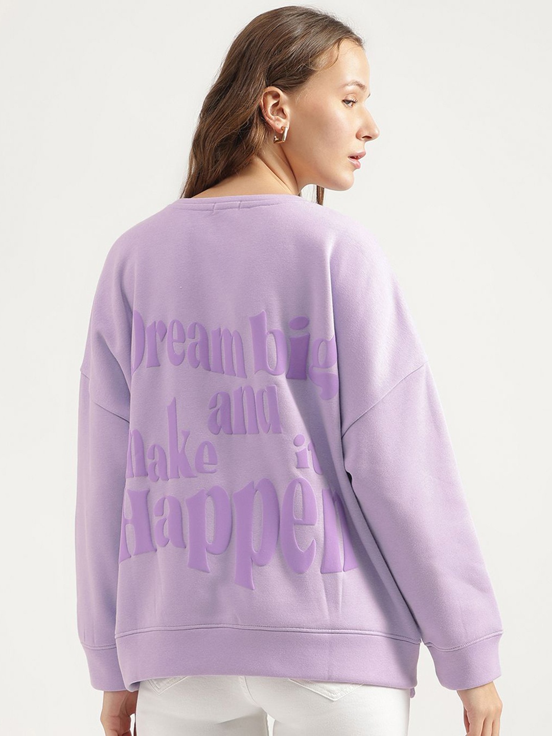 

United Colors of Benetton Women Typography Printed Round Neck Cotton Pullover Sweatshirt, Purple