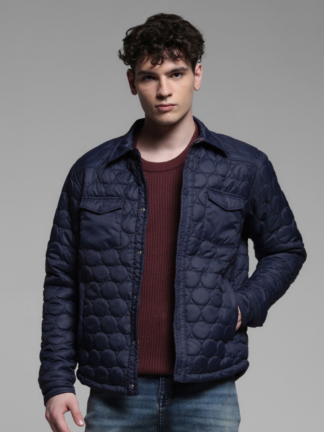 

Jack & Jones Men Spread Collar Solid Acrylic Casual Quilted Jacket, Navy blue