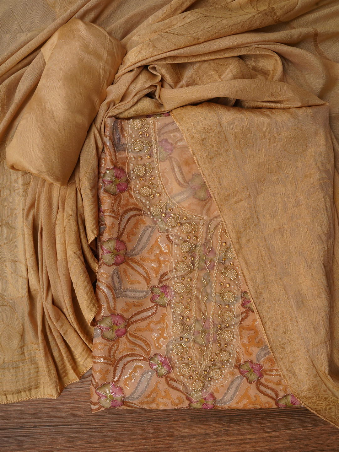 

Jaipur Kurti Women Sequin Embellished Organza Printed Dress Material with Dupatta, Beige