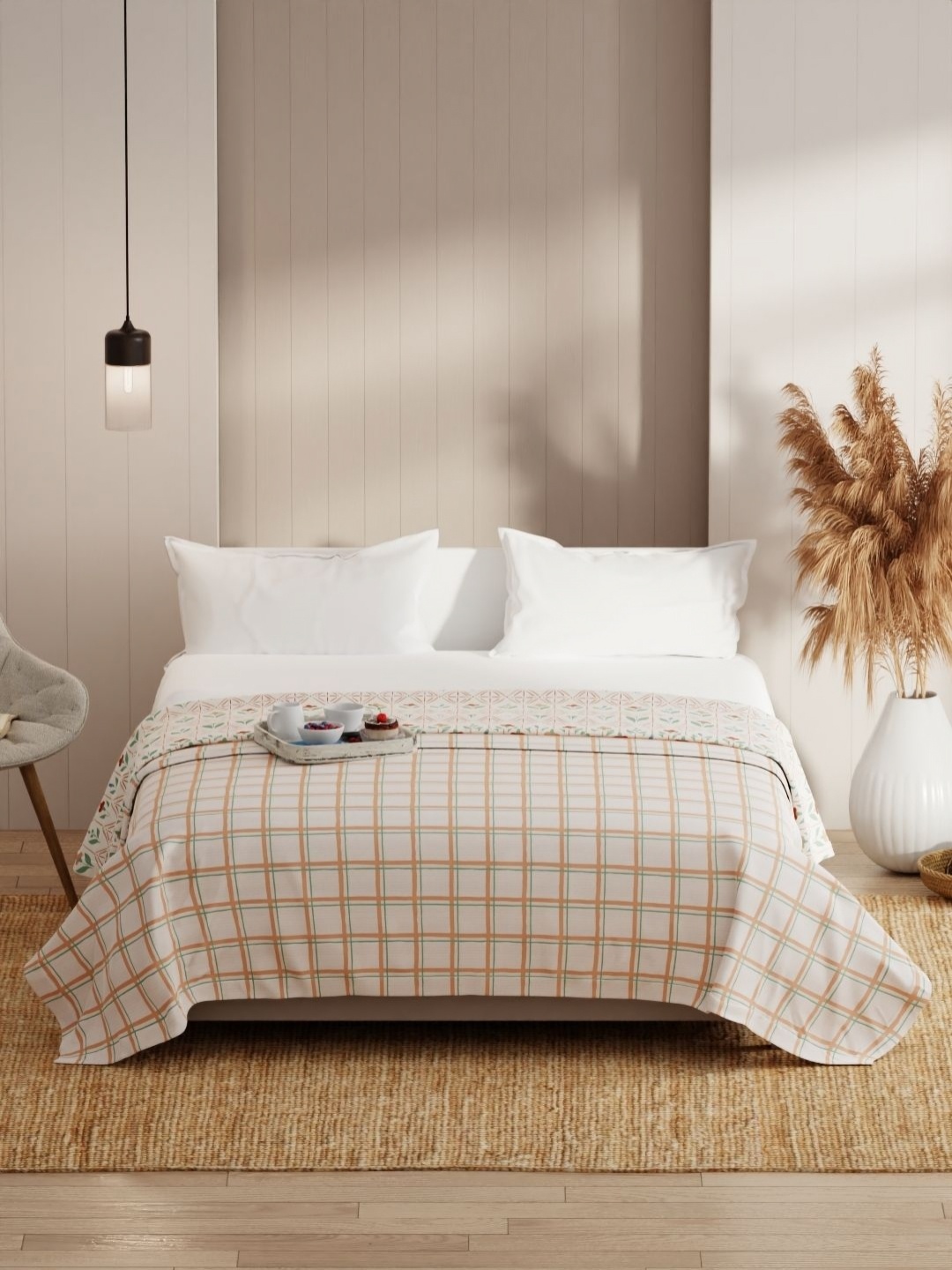 

KOPA Beige & Green Checked Microfiber AC Room 150 GSM Double Bed Dohar