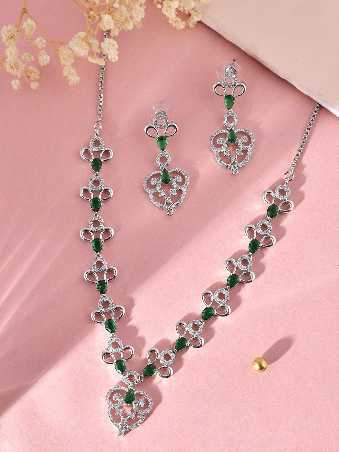 

Silvermerc Designs Silver-Plated American Diamond-Studded Necklace & Earrings