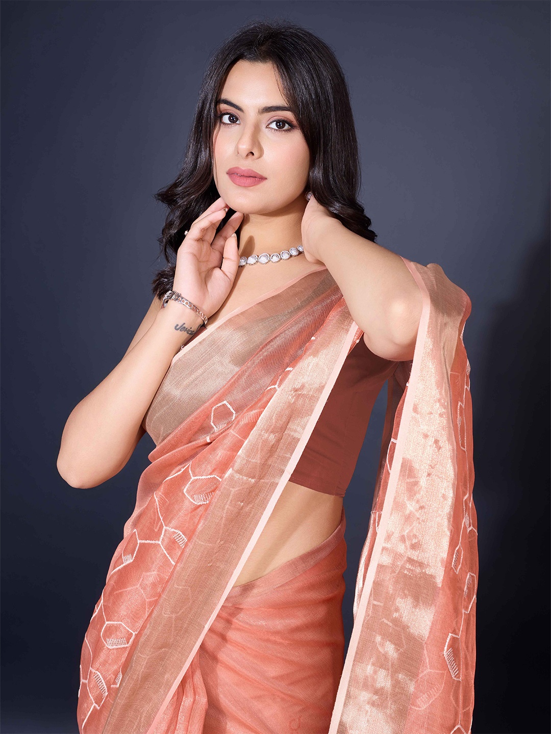 

Mitera Abstract Sequinned Saree, Peach