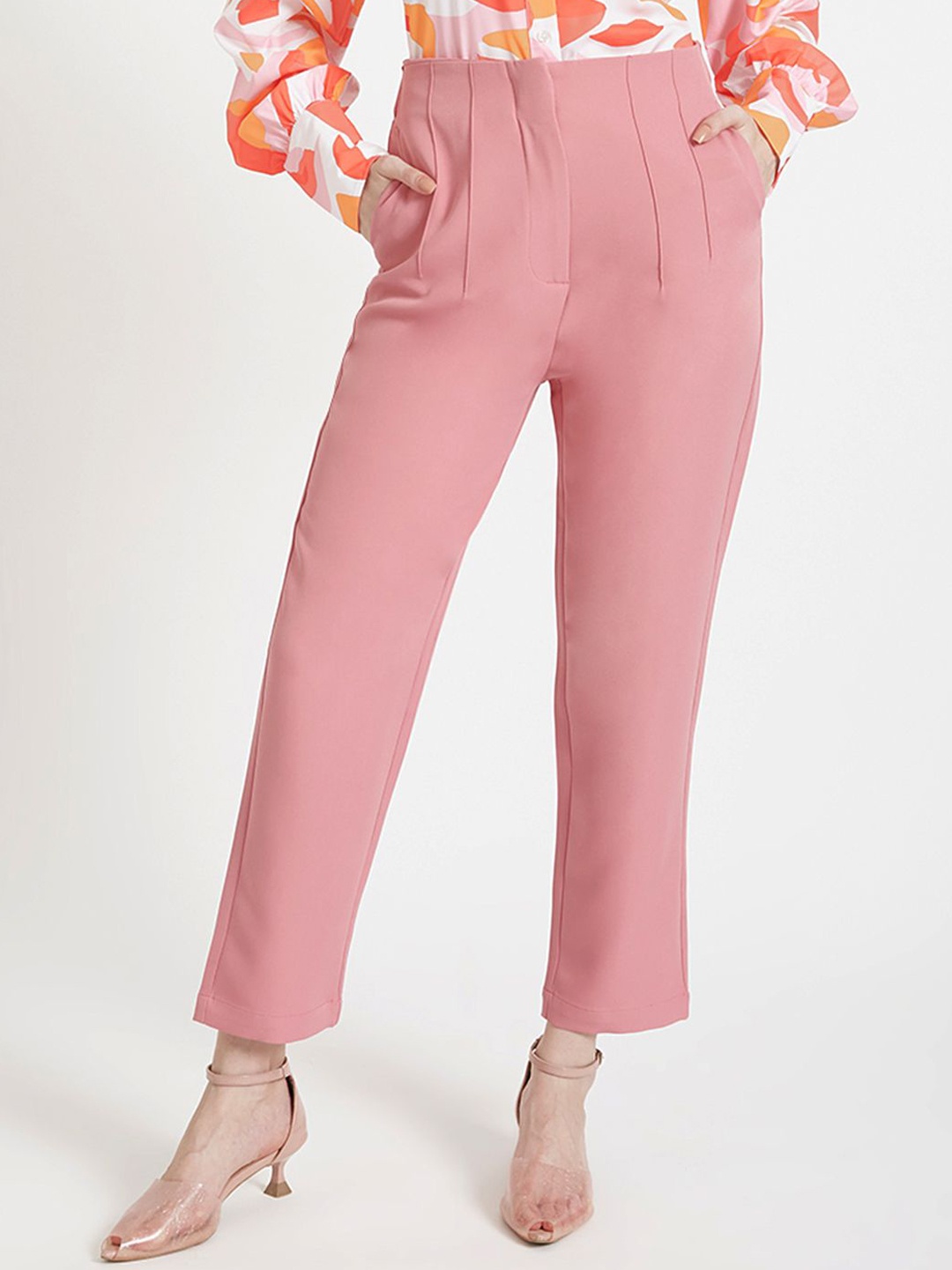 

AMSWAN Women Smart High-Rise Pleated Regular Trousers, Rose