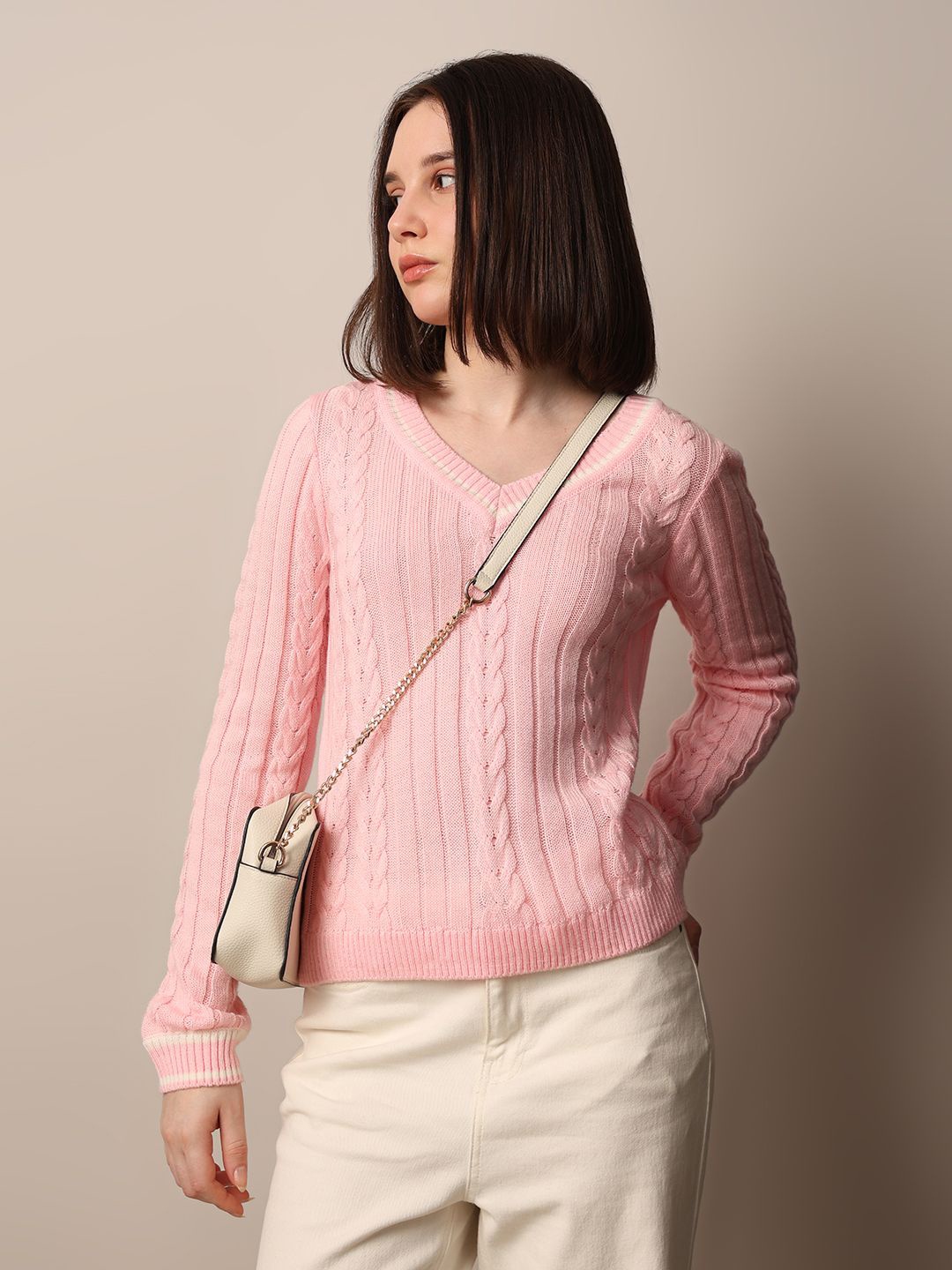 

ONLY Women Cable Knit Pullover, Pink