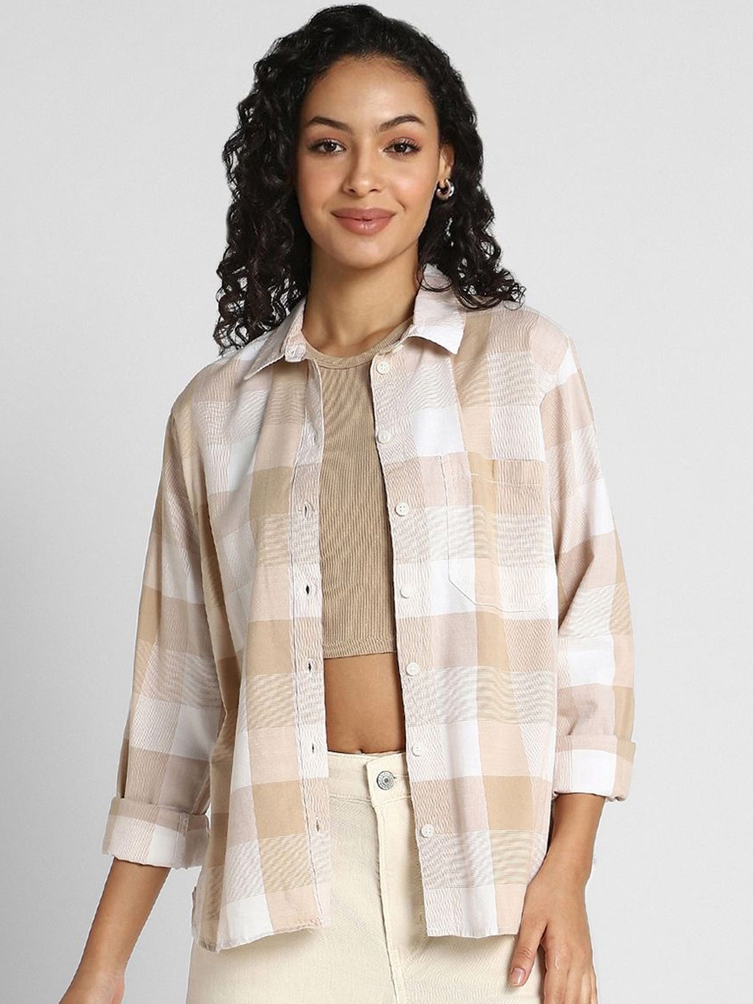 

AMERICAN EAGLE OUTFITTERS Women Opaque Checked Casual Shirt, Peach