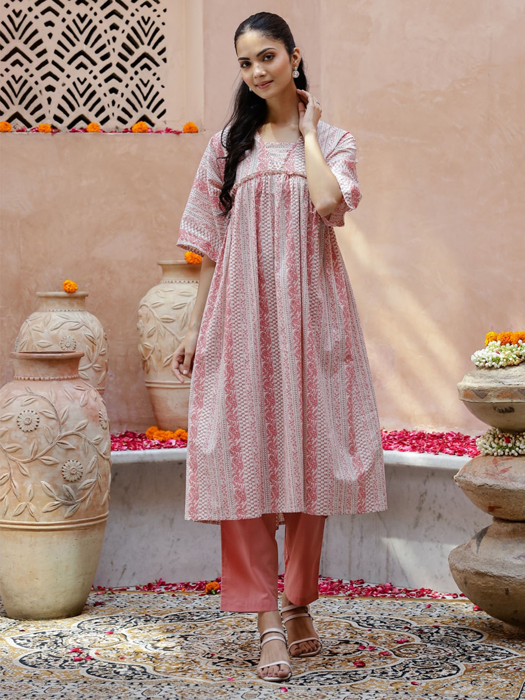 

RangDeep Floral Printed Square Neck Pure Cotton A-Line Kurta with Trousers, Pink