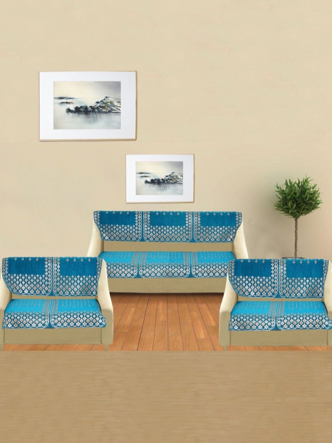 

MORADO Blue & Grey 14 Pieces Embroidered 7 Seater Sofa Covers