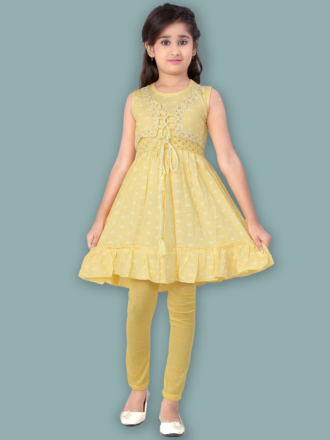 

BURBN Girls Conversational Printed Sequinned A-Line Kurta with Leggings, Yellow