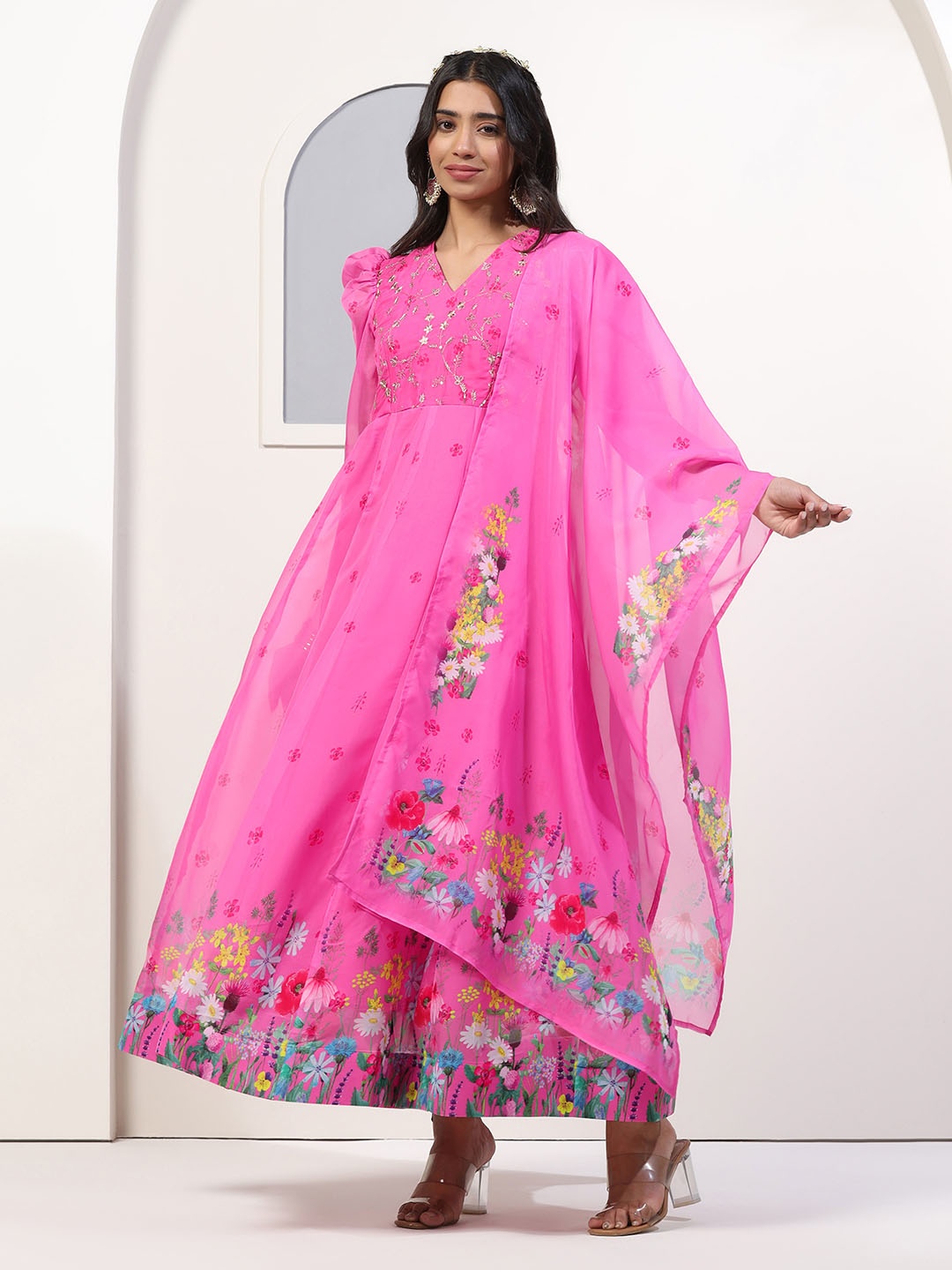 

FASHION DREAM Floral Embroidered Empire Sequinned Anarkali Kurta With Trouser & Dupatta, Pink