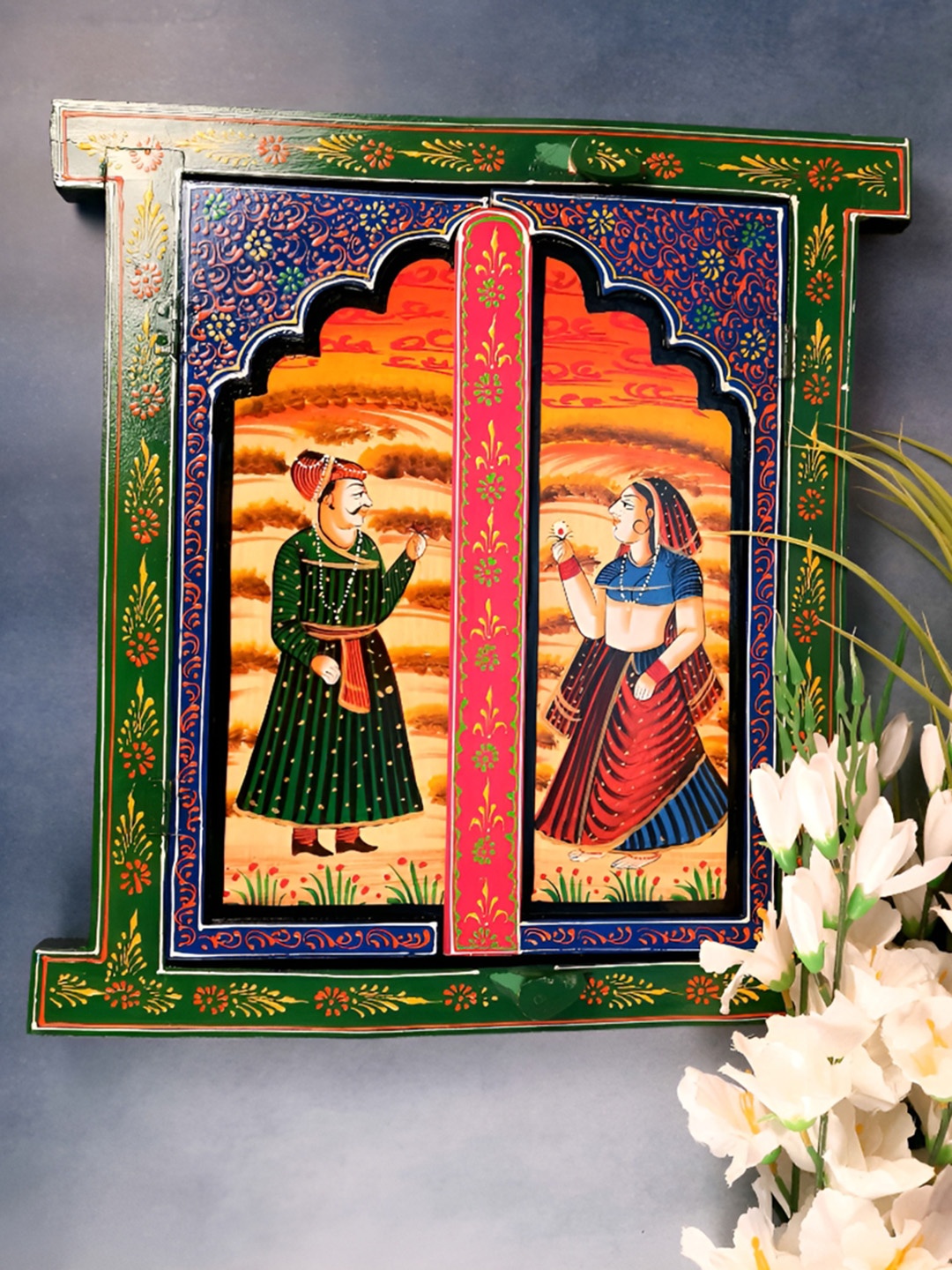 

apka mart Green & Blue Printed Wooden Jharokha Wall Decor