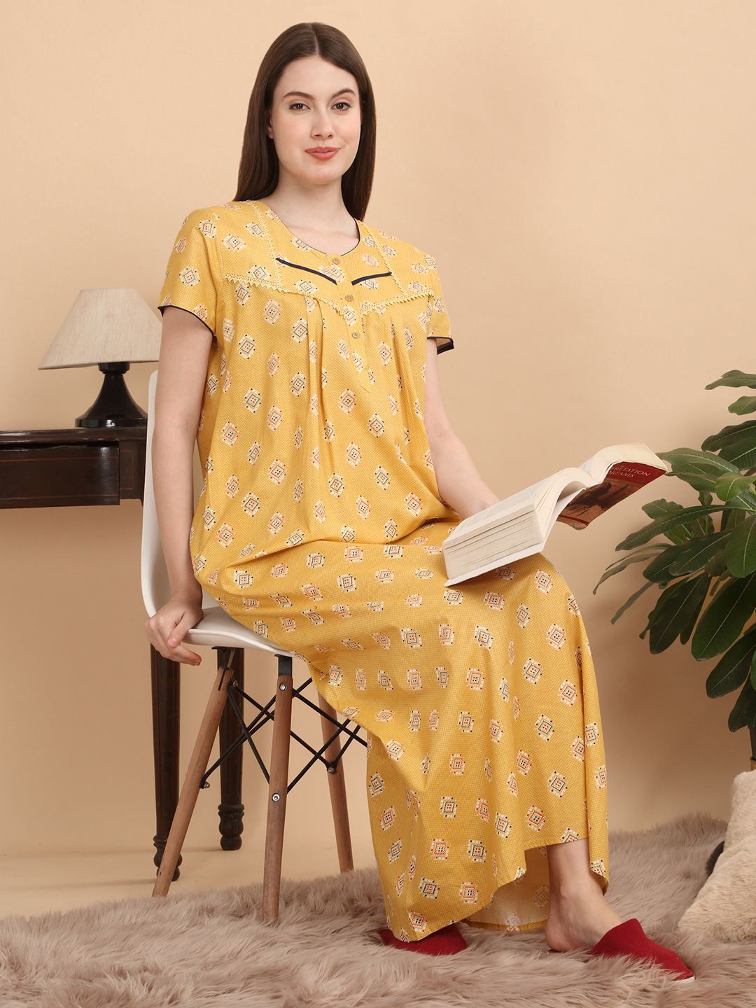 

Sweet Dreams Women Printed Round Neck Pure Cotton Maxi Nightdress, Mustard