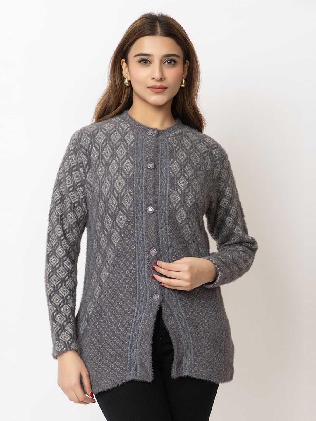 

LO G LO Women Self Design Geometric Henley Neck Cardigan Sweater, Grey