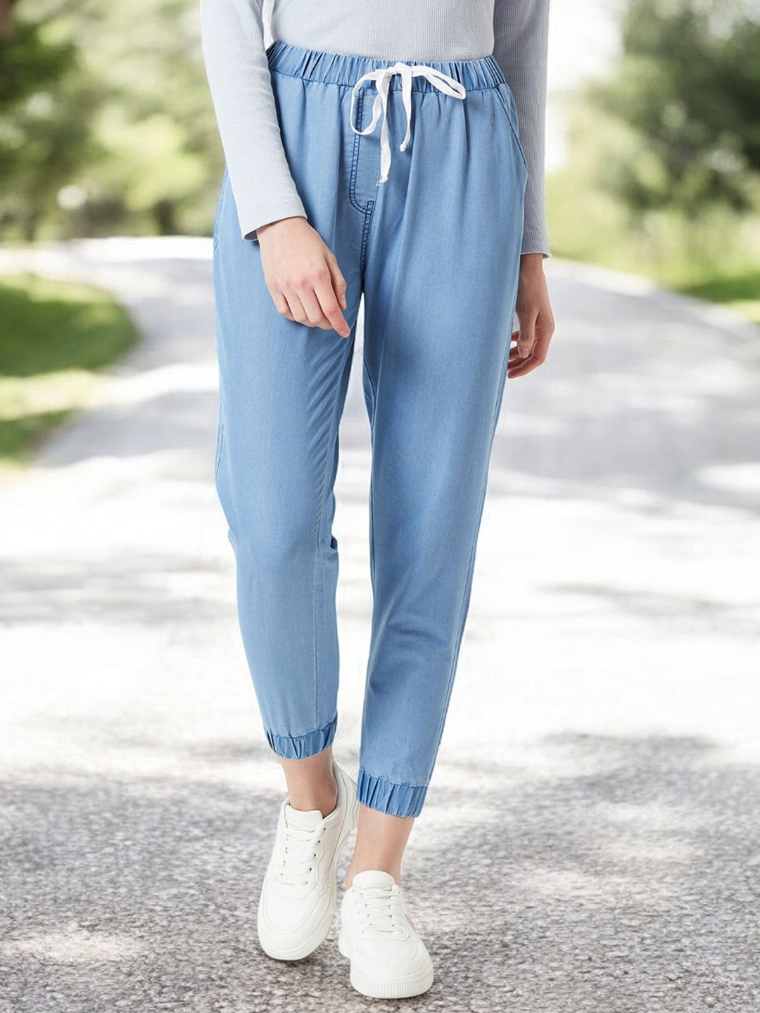 

Miss Chase Women Mid Rise Regular Fit Cotton Jogger Trousers, Blue