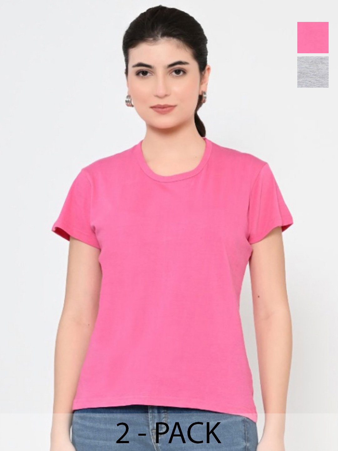 

BAESD Women Pack Of 2 Solid Round Neck Cotton T-shirts, Pink