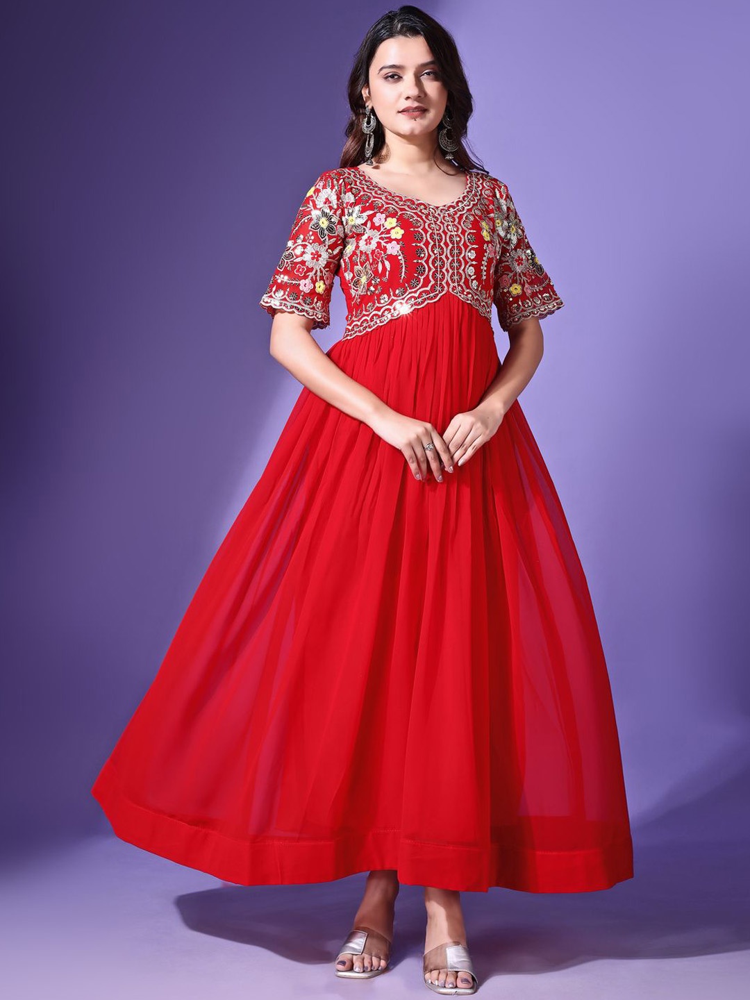 

KALINI Embroidered Fit & Flared Ethnic Dress, Red
