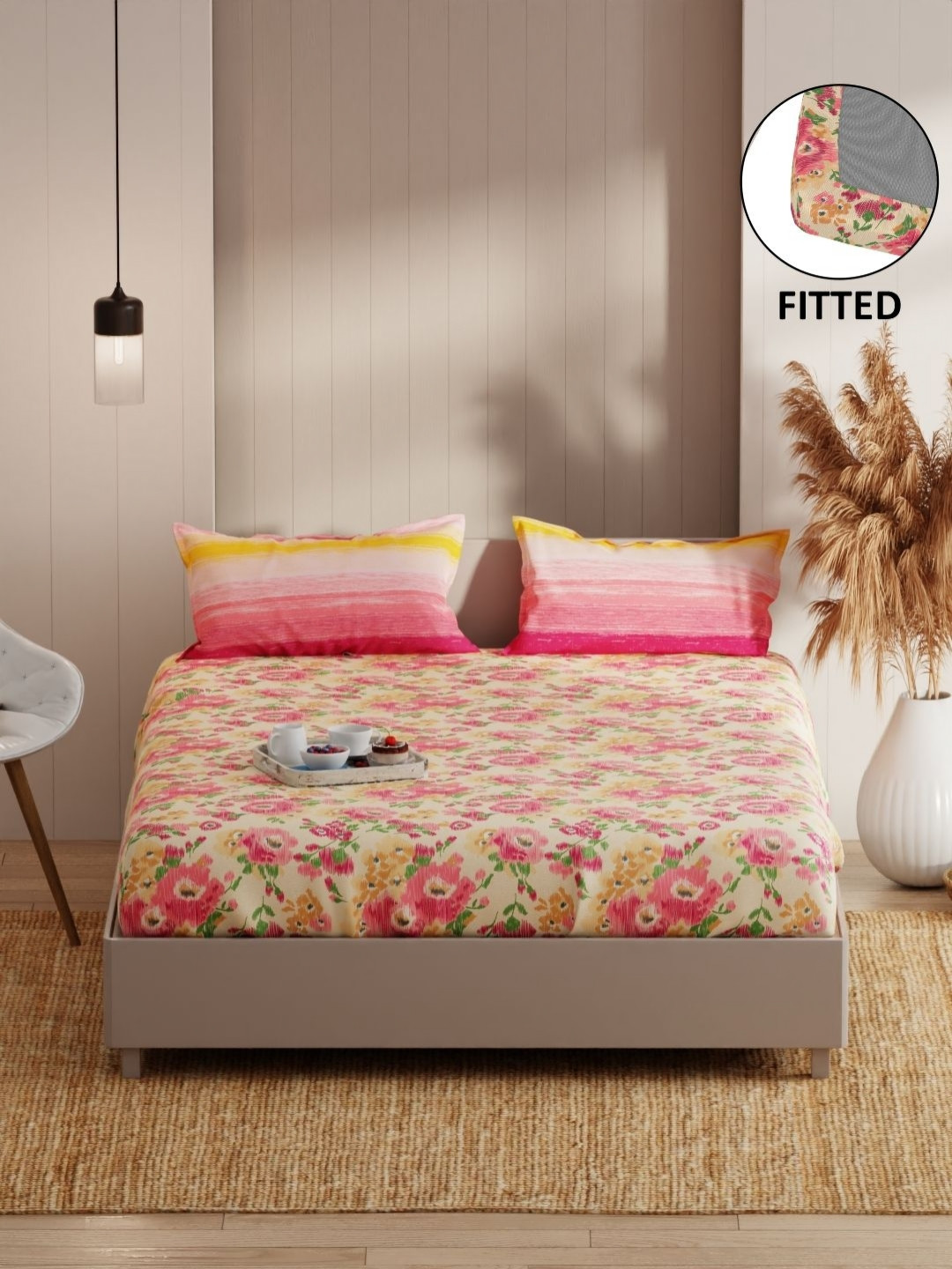 

KOPA Beige Pink Floral 152 TC Microfiber Fitted Queen Bedsheet Set 1.80 m x 1.98 m x 25 cm